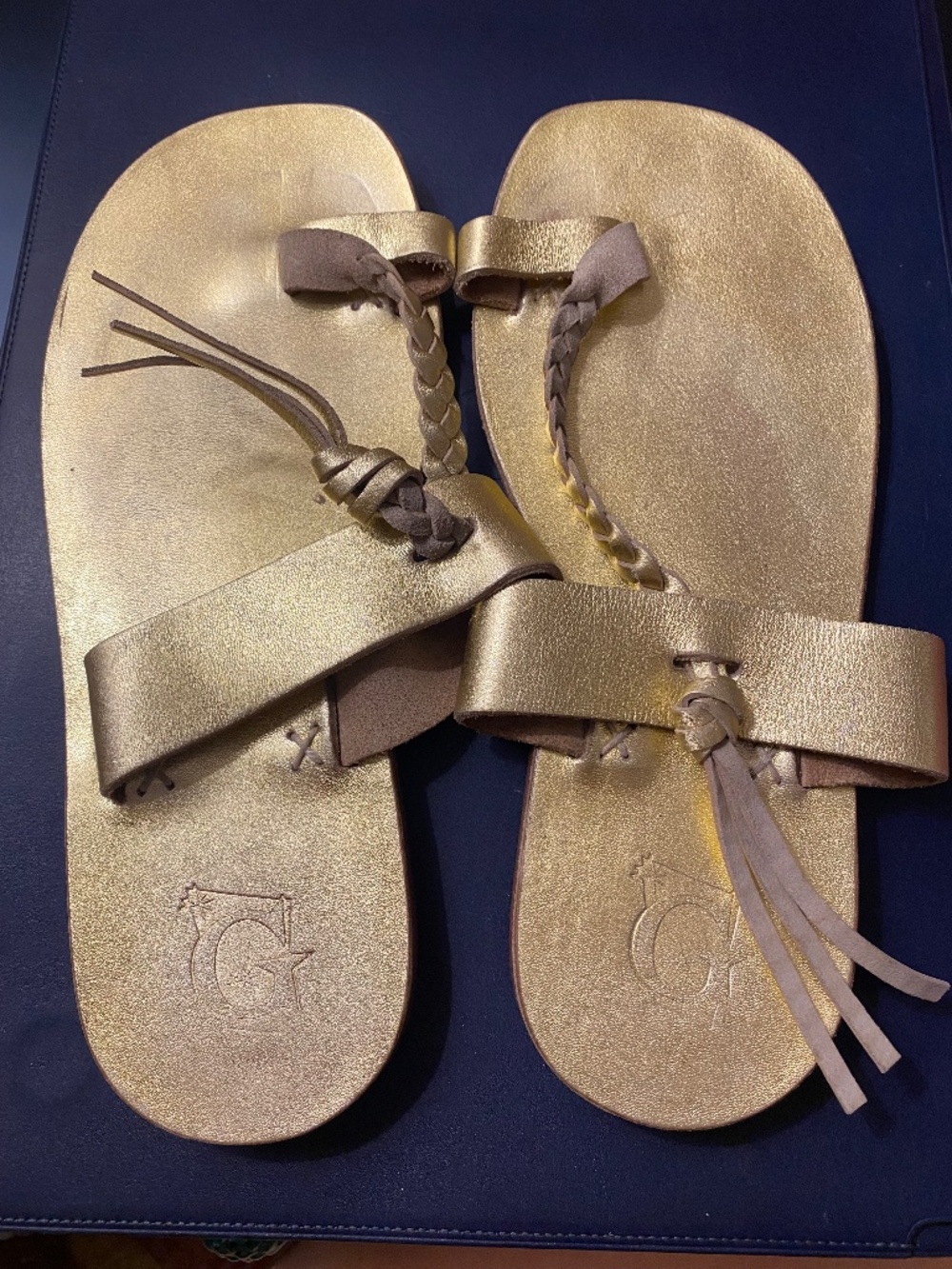 Handmade Moroccan Gold Leather Toe Ring Sandals Braided Flat Slides Sz.7